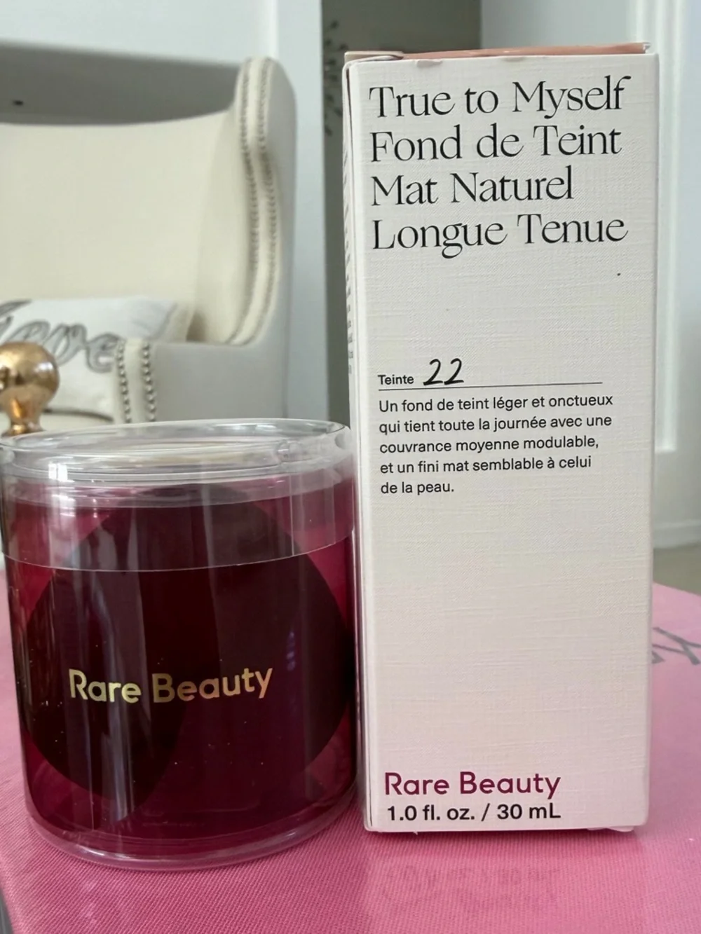 New Rare Beauty True to Myself Foundation and makeup sponge shade 22